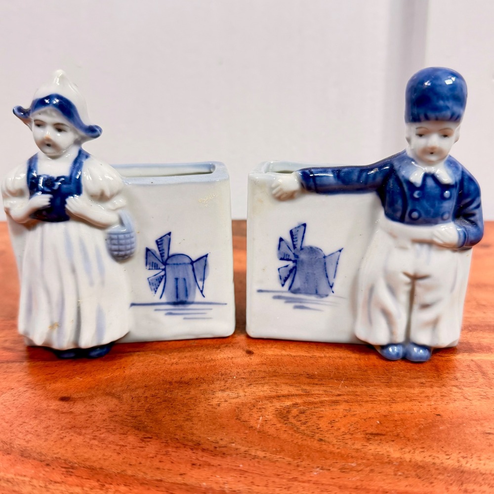 Antique Delft Boy/Girl Figurine Holders/Planters 1920s Blu/Wht Dutch Pair Japan